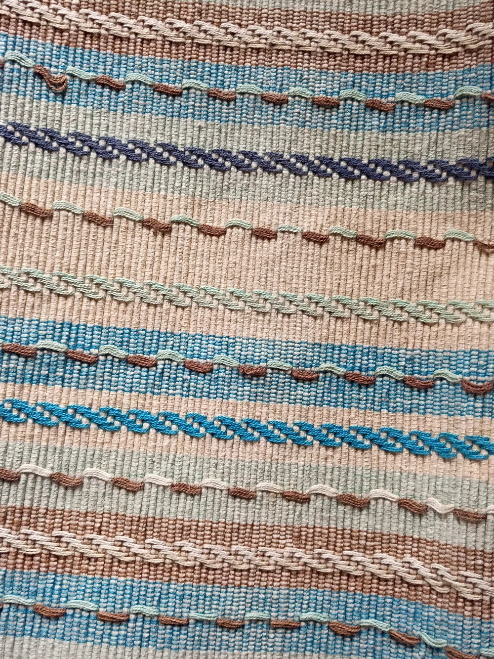 Striped Cotton Table  Runner - Blue, Tan & White 64x 13